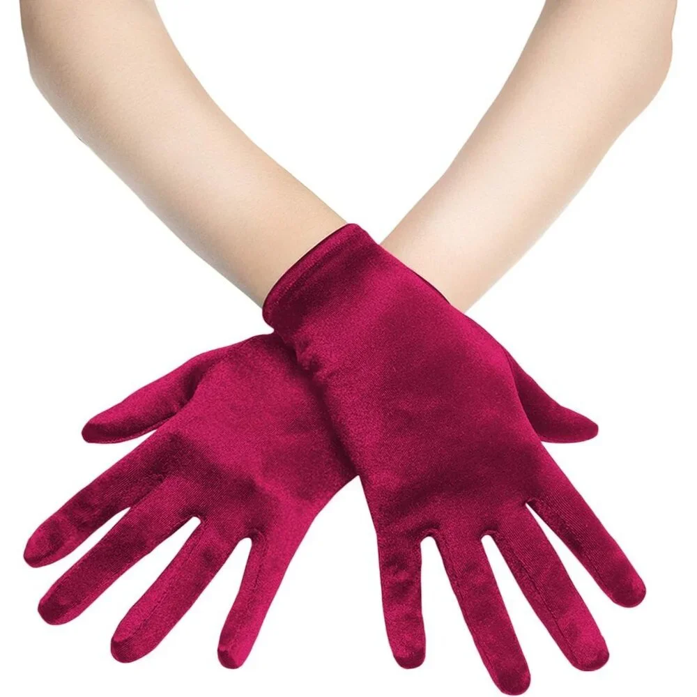 Women's Wine Red Satin Silk Gloves Banquet Wedding Party Costume Accessories